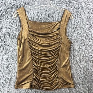 Libra Top Womens Medium Metallic Gold Drape Front Sleeveless Blouse